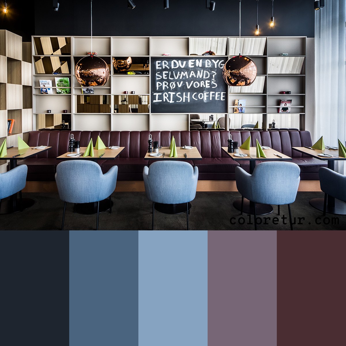 A cool-toned color palette, featuring blues and purples.